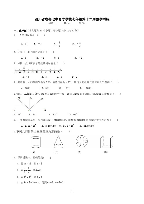 四川省成都七中育才学校七年级第12周数学周练试卷