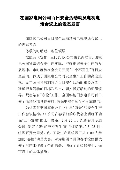 在国家电网公司百日安全活动动员电视电话会议上的表态发言