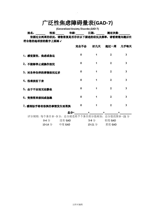 广泛性焦虑障碍量表(GAD7)