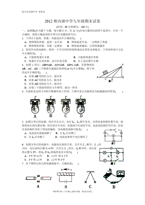 2012秋内湖中学九年级物理期末试卷及答案