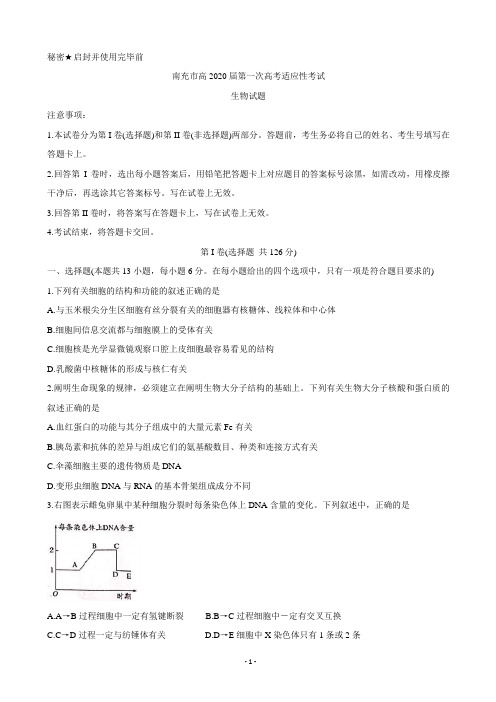 2020届四川省南充市高中高三第一次高考适应性考试 理综