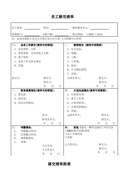 物业公司员工移交清单