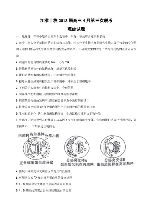 安徽省江淮十校2018届高三第三次4月联考理科综合试卷含答案