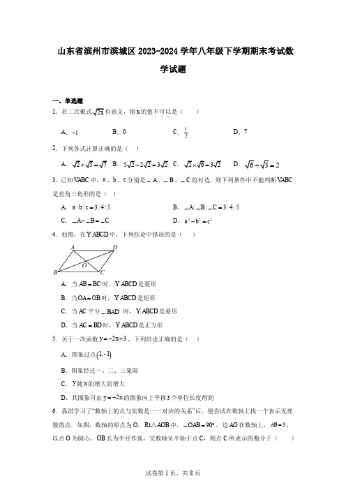 山东省滨州市滨城区2023-2024学年八年级下学期期末考试数学试题