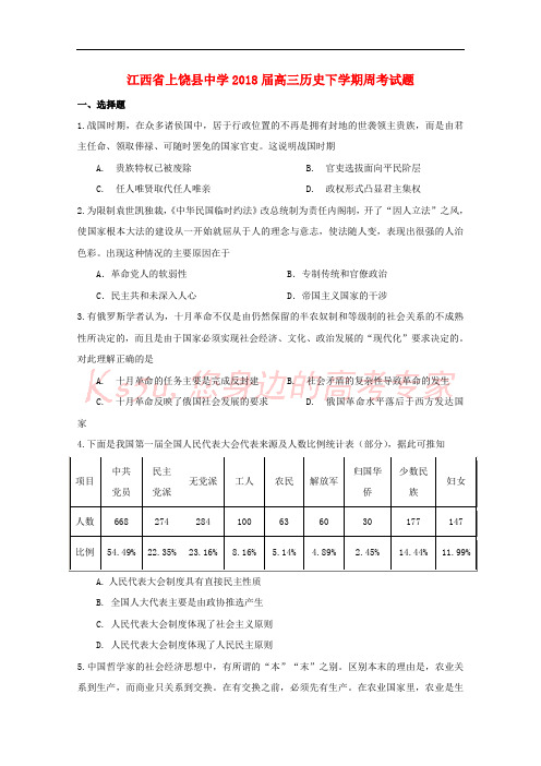 江西省上饶县中学2018届高三历史下学期周考试题