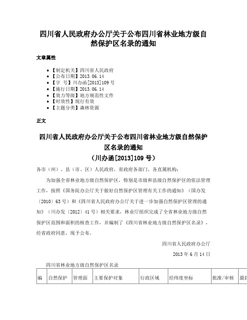 四川省人民政府办公厅关于公布四川省林业地方级自然保护区名录的通知