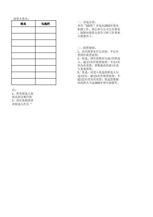 公司内部评选各类奖项选举投票表