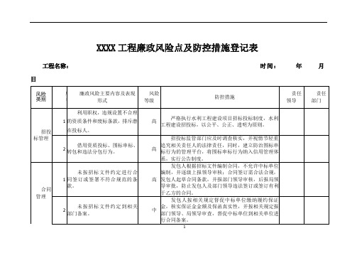 XX工程廉政风险点及防控措施登记表