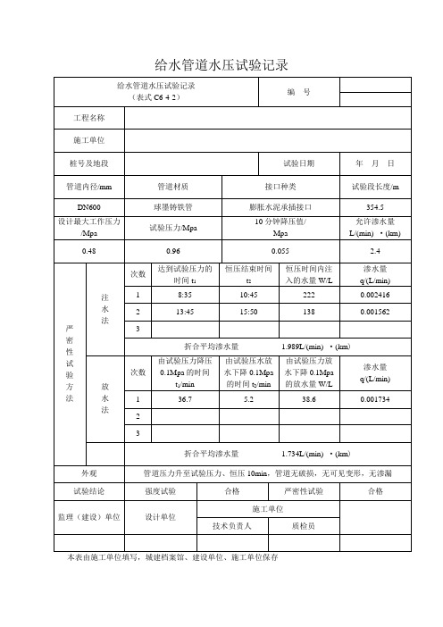 给水管道水压试验记录