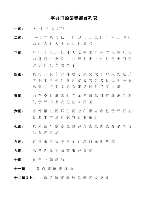 字典里的偏旁部首列表