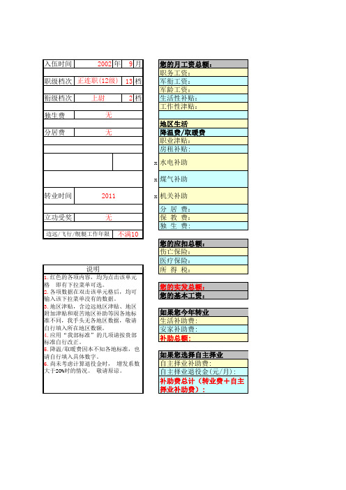 全军现役工资及转业补助 退役金计算器