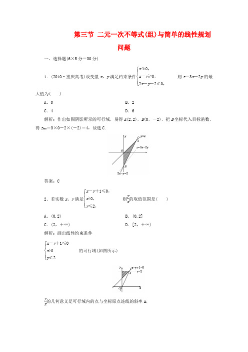 高三数学一轮复习 第七章 不等式、推理与证明第三节 二元一次不等式(组)与简单的线性规划问题练习.doc