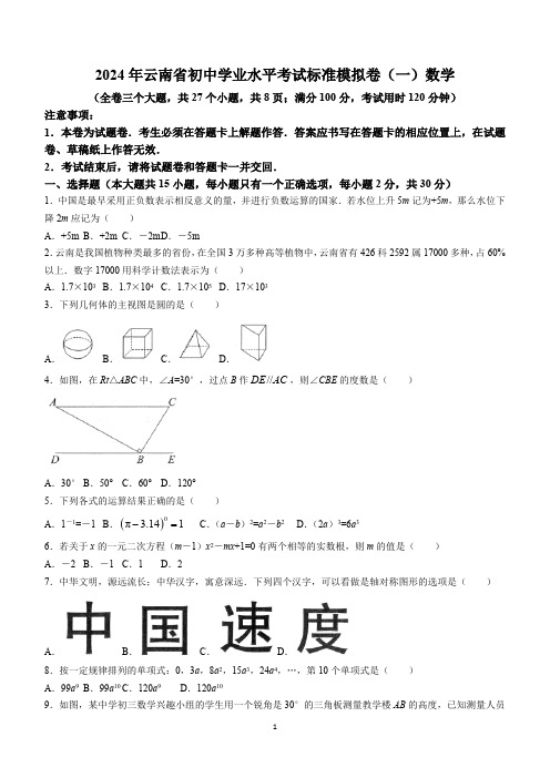 2024年云南省楚雄彝族自治州中考一模数学试题(含答案)