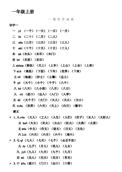 人教版一年级上册生字表所有生字组词(带拼音)