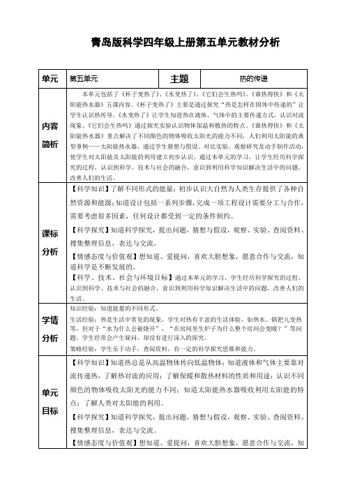 青岛版科学四年级上册第五单元教材分析