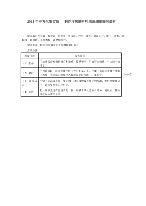 2015年中考生物实验   制作洋葱鳞片叶表皮细胞临时装片