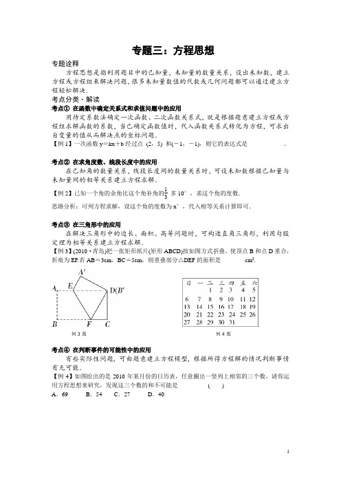 新课标九年级数学中考复习强效提升分数精华版 专题三：方程思想