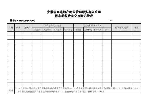 停车场收费室交接班记录表