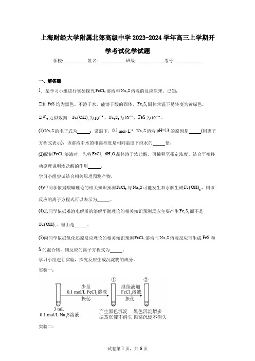 上海财经大学附属北郊高级中学2023-2024学年高三上学期开学考试化学试题