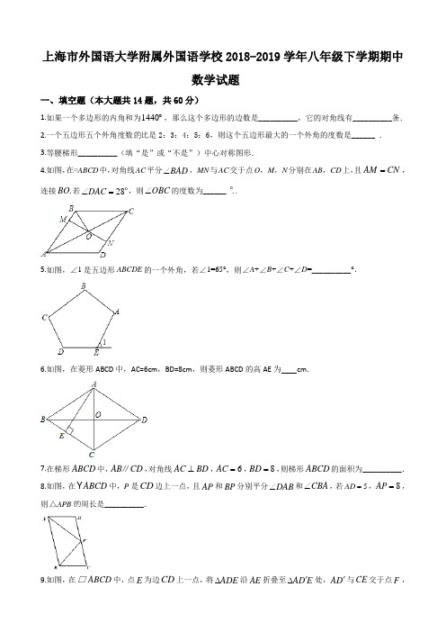 上海市外国语大学附属外国语学校2018-2019学年八年级下学期期中数学试题(含答案)