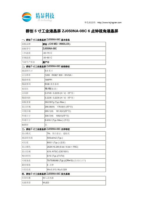 群创5寸工业液晶屏ZJ050NA-08C 6点钟视角液晶屏