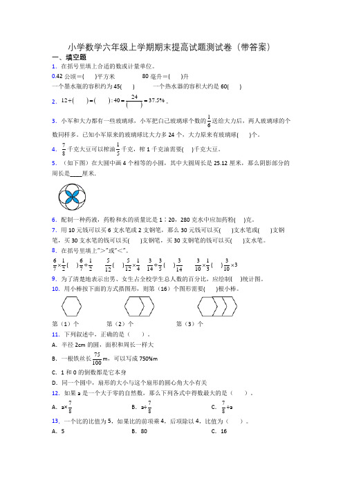 小学数学六年级上学期期末提高试题测试卷(带答案)