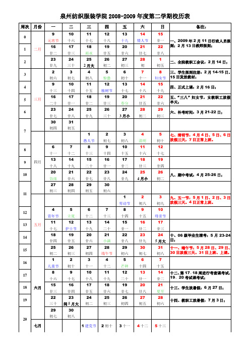 泉州纺织服装学院2008-2009年度第二学期校历表