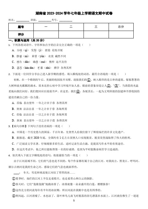 湖南省2023-2024学年七年级上学期语文期中试卷(含答案)