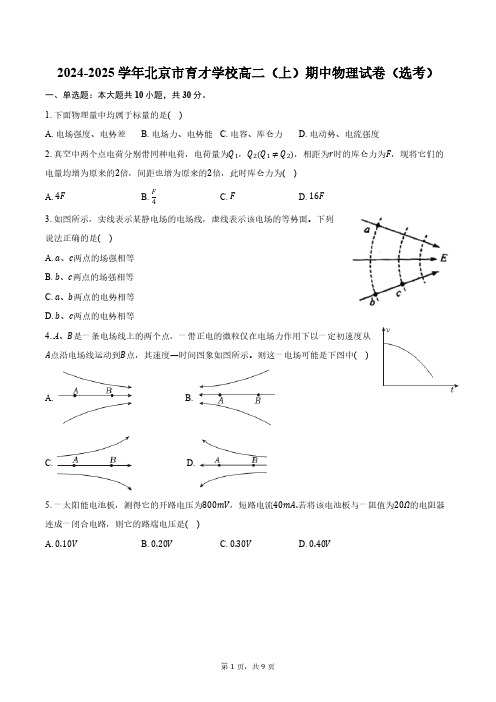 2024-2025学年北京市育才学校高二(上)期中物理试卷(选考)(含答案)