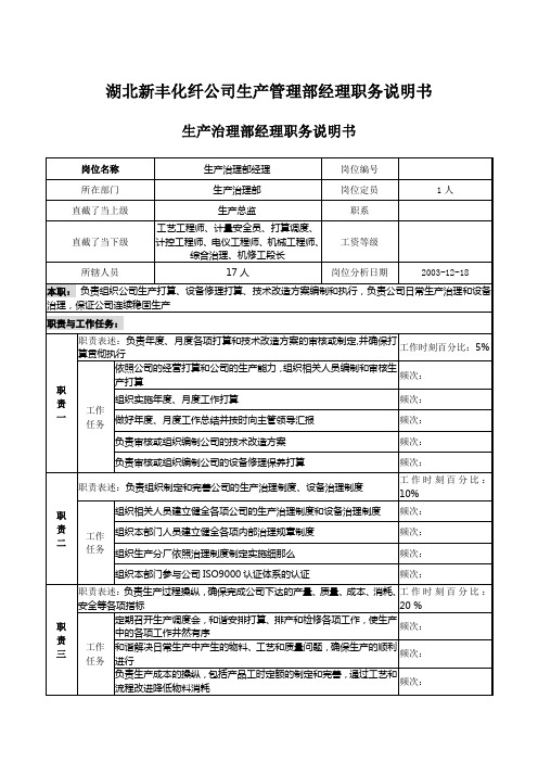 湖北新丰化纤公司生产管理部经理职务说明书