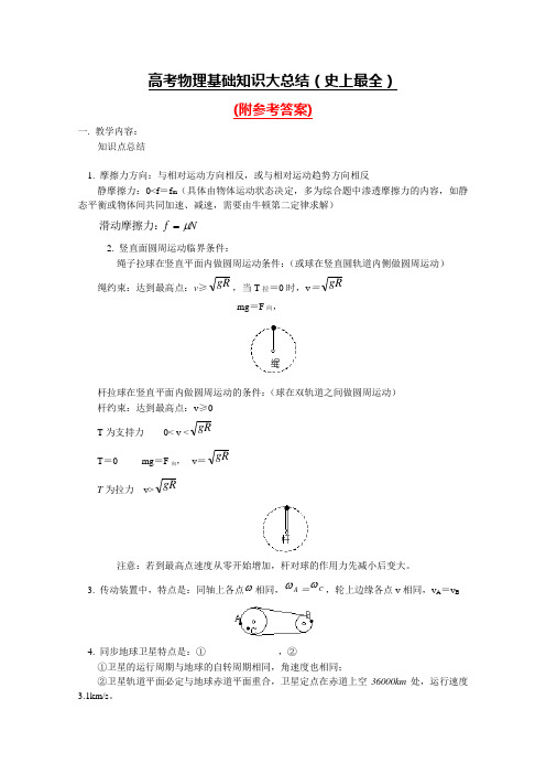 ★精品文档★高考物理第一轮复习--基础知识大总结附参考答案