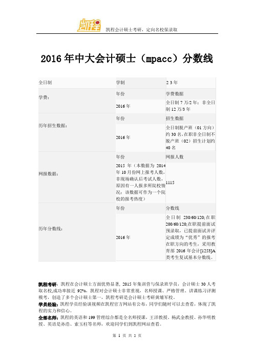 2016年中大会计硕士(mpacc)复试分数线是多少