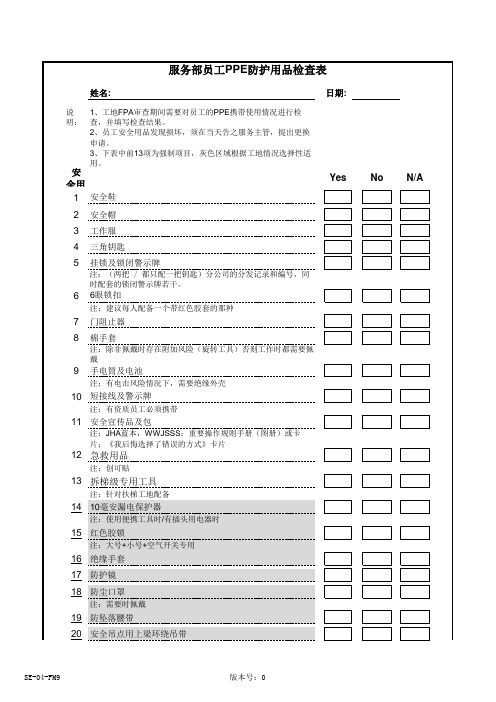 服务部员工PPE防护用品检查表