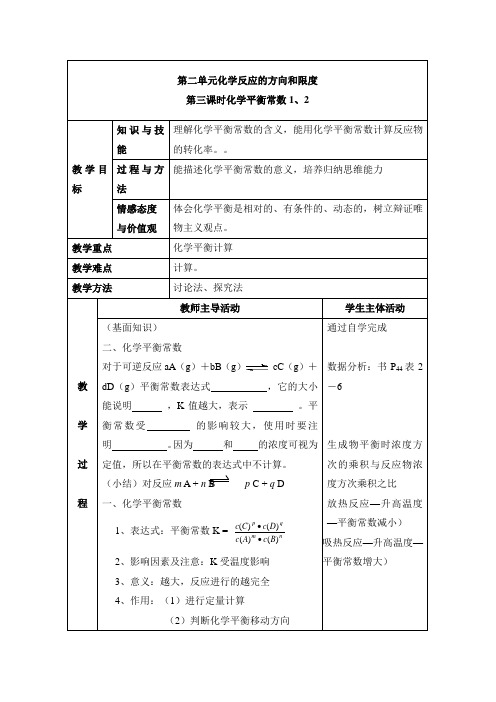 苏教版高中化学选修四《化学反应原理》《化学平衡常数》教案-新版