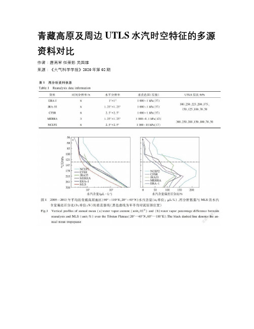 青藏高原及周边UTLS水汽时空特征的多源资料对比