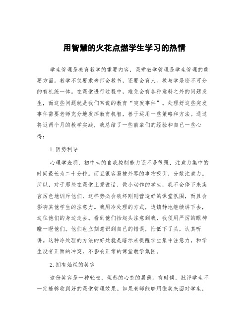 顶岗实习支教心得体会《用智慧的火花点燃学生学习的热情》