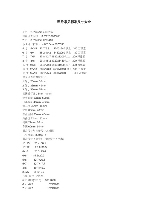 照片常见标准尺寸大全