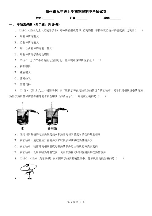 漳州市九年级上学期物理期中考试试卷