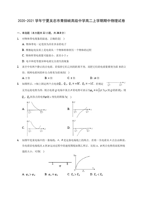 2020-2021学年宁夏吴忠市青铜峡高级中学高二上学期期中物理试卷(含答案解析)