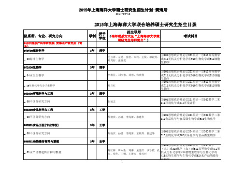 2015年上海海洋大学硕士研究生招生目录-黄海水产研究所