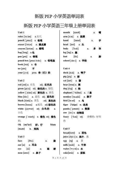 新人教版PEP小学英语单词表