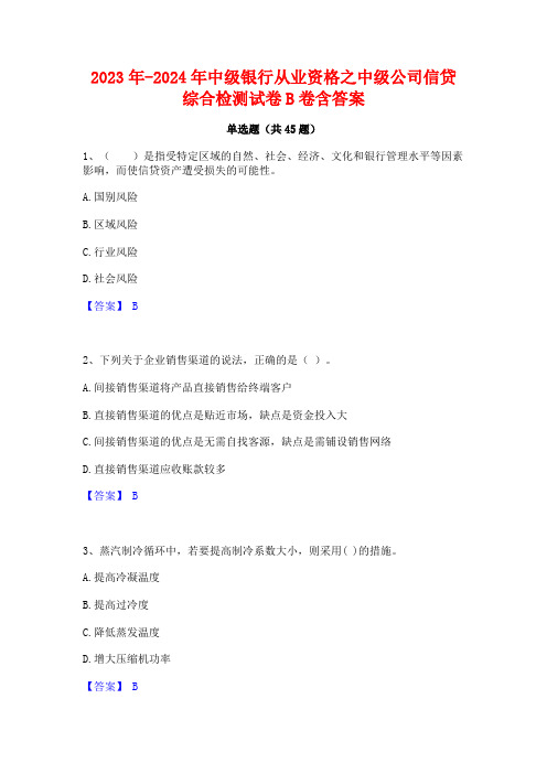 2023年-2024年中级银行从业资格之中级公司信贷综合检测试卷B卷含答案