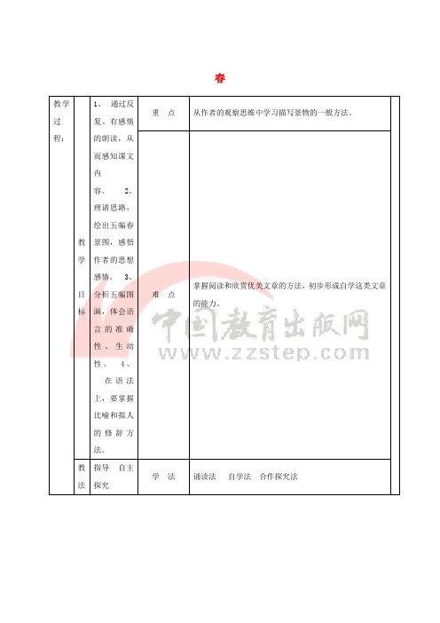 七年级语文上册 第四单元 14《春》教案2 冀教版