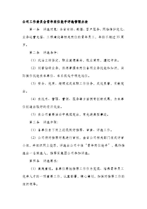 公司工作委员会青年岗位能手评选管理办法