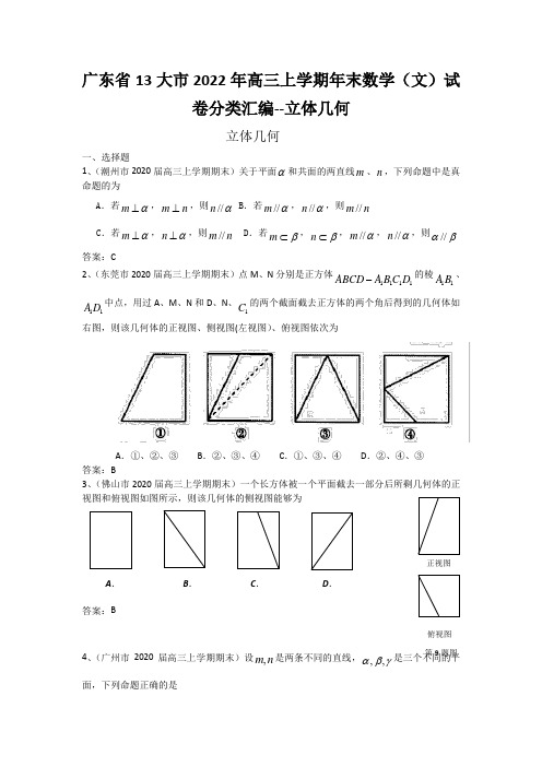 广东省13大市2022年高三上学期年末数学(文)试卷分类汇编--立体几何