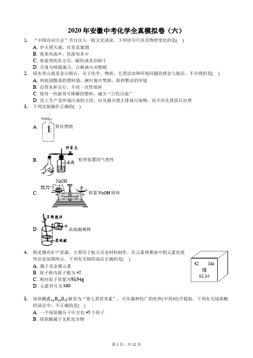 2020年安徽中考化学全真模拟卷(六)