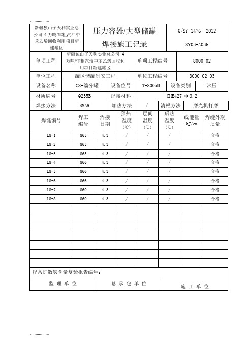 (整理)SY03-A036压力容器大型储罐焊接施工检查记录(T8005B壁板)