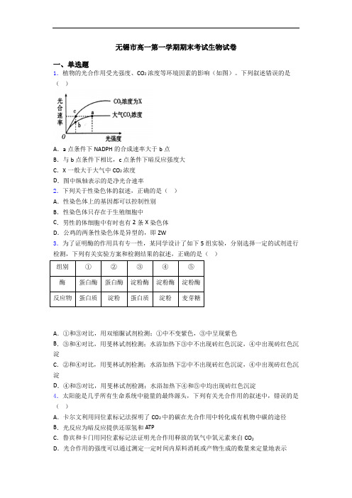 无锡市高一第一学期期末考试生物试卷