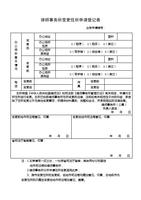 律师事务所变更住所申请登记表