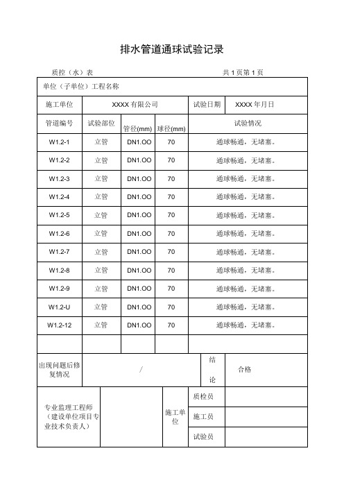 排水管道通球试验记录表